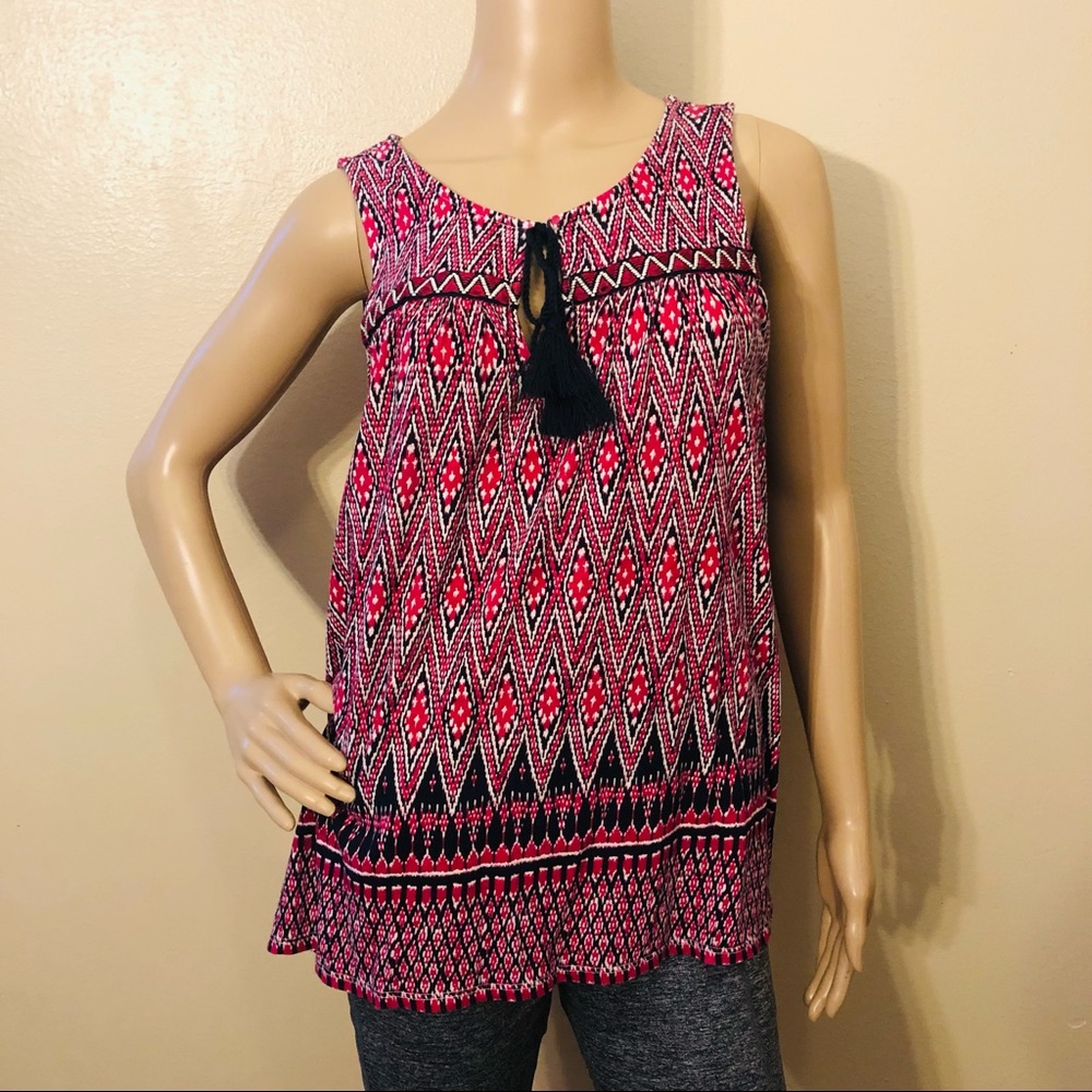 Lucky Brand Boho Ikat Geometric Tassel Tank Top - Size M